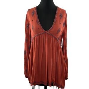 FREE PEOPLE Orange Tunic Top Rayon Diamond Embroidered Ribbed VNeck Size Small S
